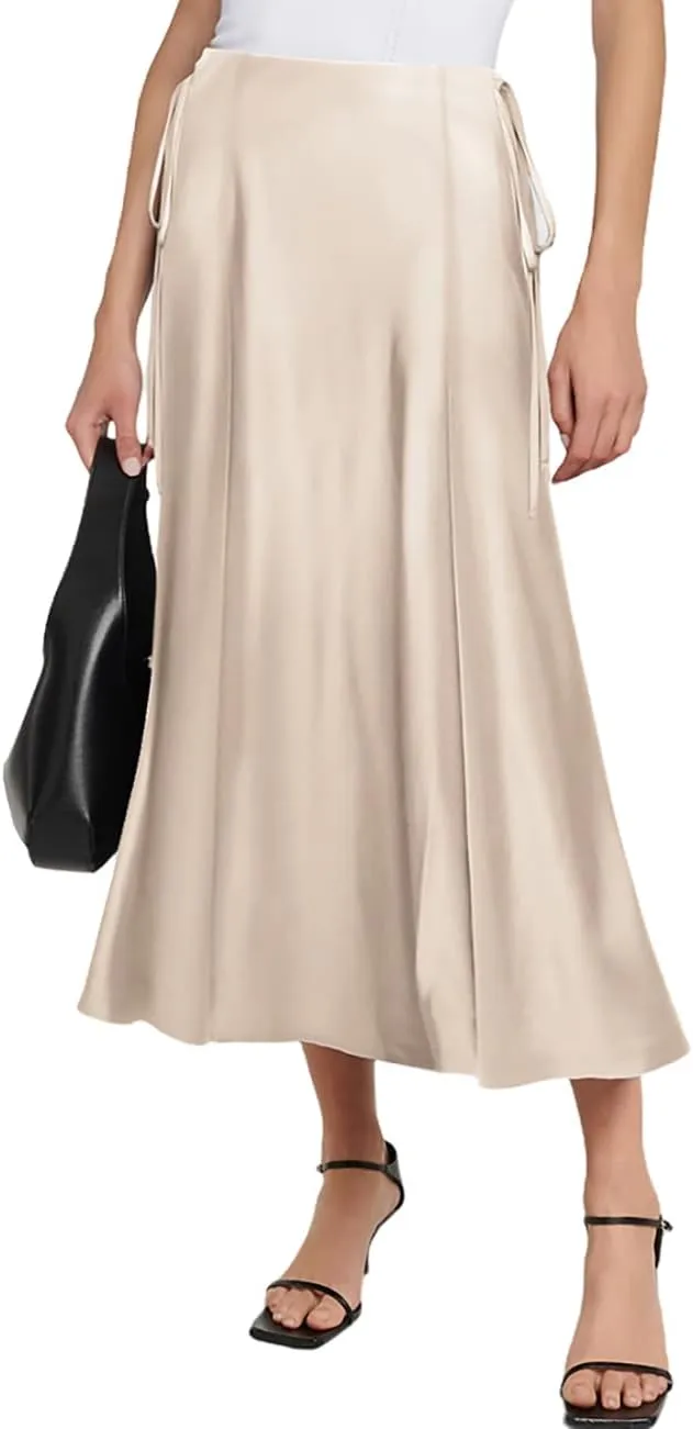 SEBOWEL Women Satin Maxi Long Skirt Silk Side Tie A Line Swing Midi Skirt Silky Flowy Ruffle Pleated Cocktail Party Skirts
