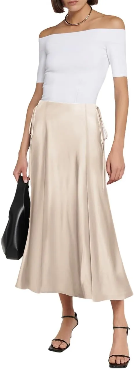 SEBOWEL Women Satin Maxi Long Skirt Silk Side Tie A Line Swing Midi Skirt Silky Flowy Ruffle Pleated Cocktail Party Skirts