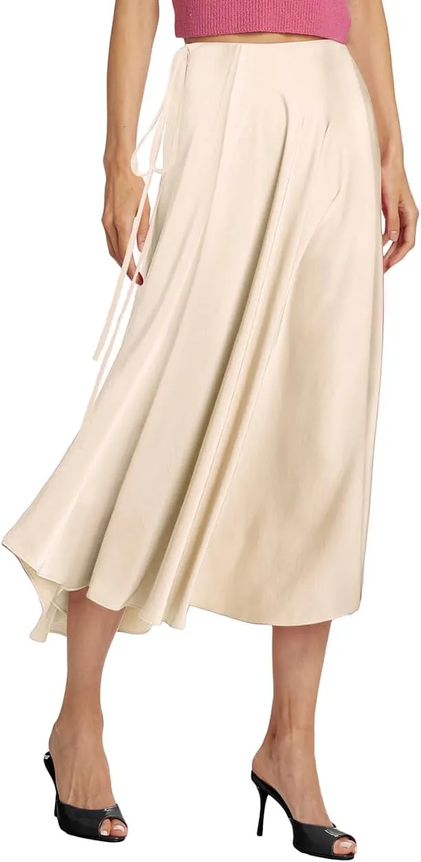 SEBOWEL Women Satin Maxi Long Skirt Silk Side Tie A Line Swing Midi Skirt Silky Flowy Ruffle Pleated Cocktail Party Skirts
