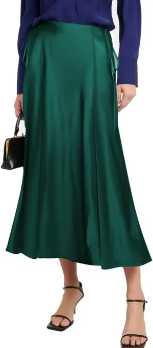 SEBOWEL Women Satin Maxi Long Skirt Silk Side Tie A Line Swing Midi Skirt Silky Flowy Ruffle Pleated Cocktail Party Skirts