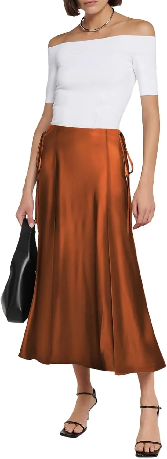 SEBOWEL Women Satin Maxi Long Skirt Silk Side Tie A Line Swing Midi Skirt Silky Flowy Ruffle Pleated Cocktail Party Skirts