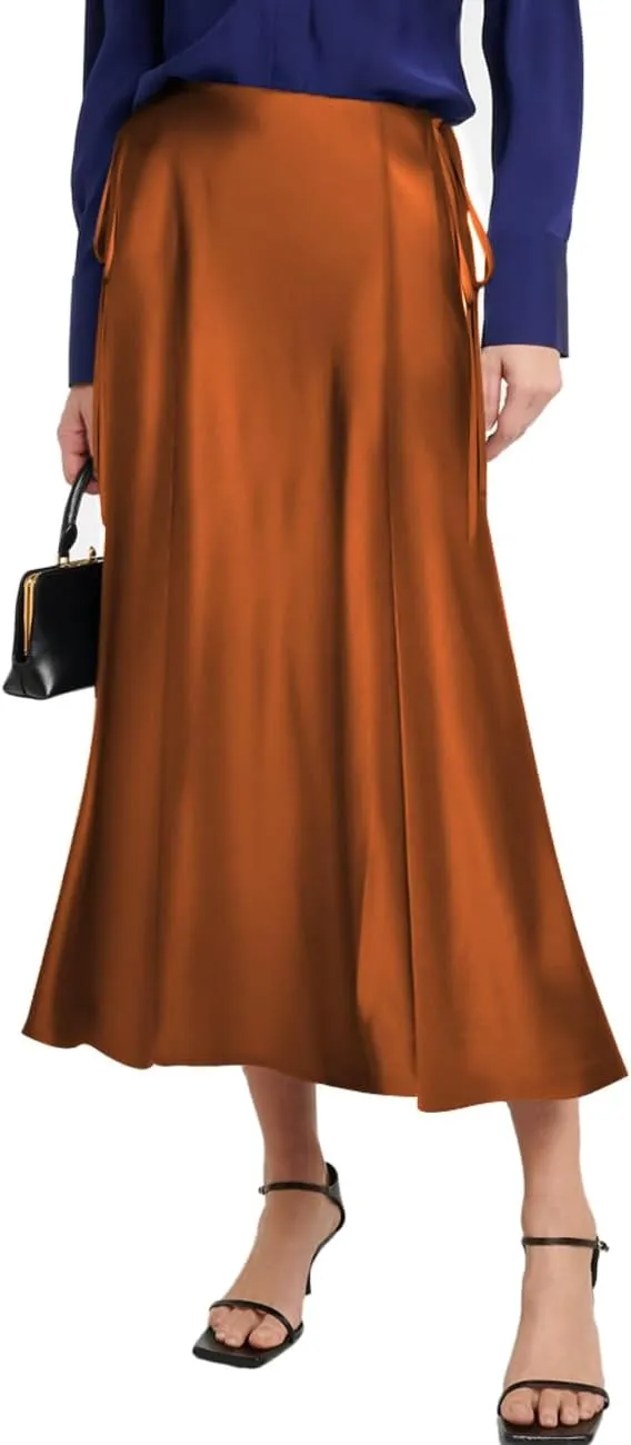 SEBOWEL Women Satin Maxi Long Skirt Silk Side Tie A Line Swing Midi Skirt Silky Flowy Ruffle Pleated Cocktail Party Skirts