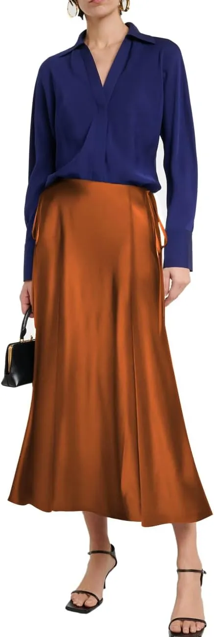 SEBOWEL Women Satin Maxi Long Skirt Silk Side Tie A Line Swing Midi Skirt Silky Flowy Ruffle Pleated Cocktail Party Skirts
