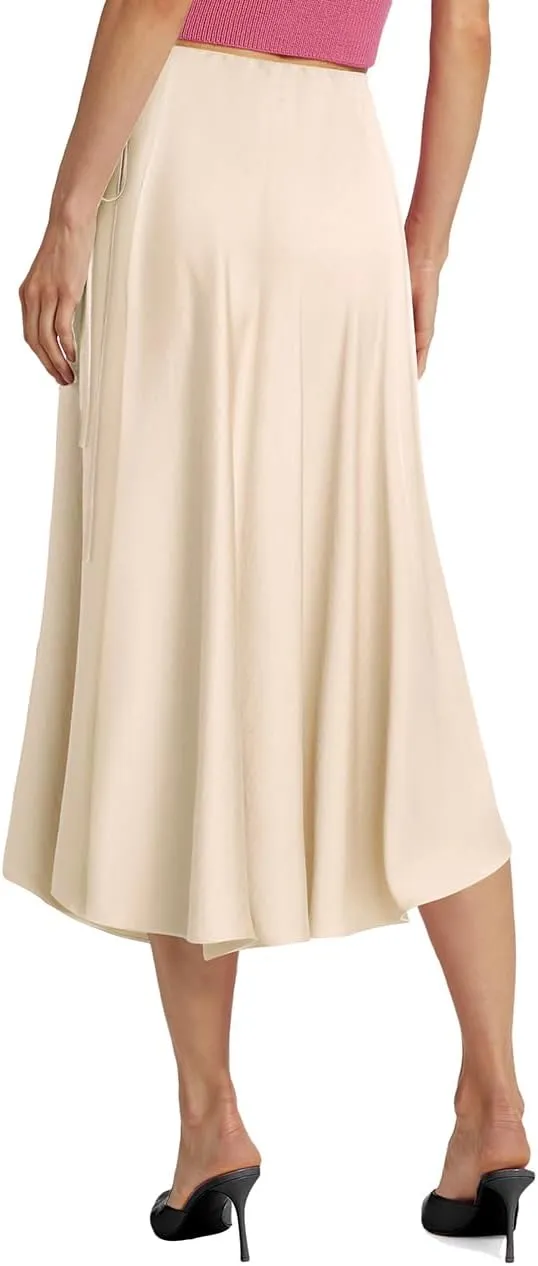 SEBOWEL Women Satin Maxi Long Skirt Silk Side Tie A Line Swing Midi Skirt Silky Flowy Ruffle Pleated Cocktail Party Skirts