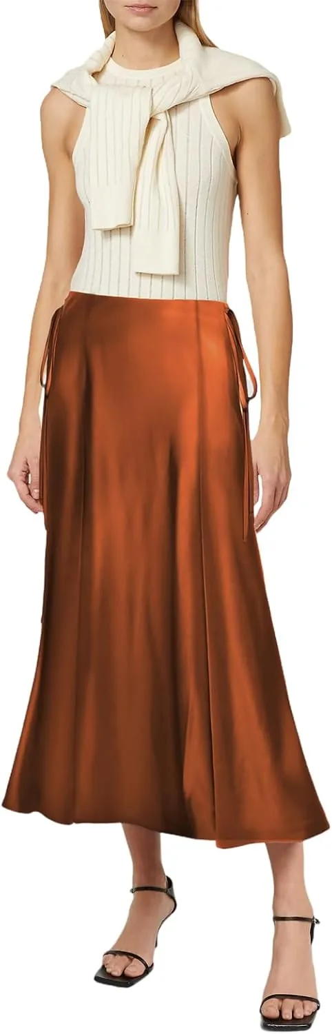 SEBOWEL Women Satin Maxi Long Skirt Silk Side Tie A Line Swing Midi Skirt Silky Flowy Ruffle Pleated Cocktail Party Skirts
