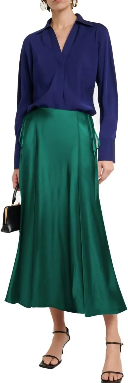 SEBOWEL Women Satin Maxi Long Skirt Silk Side Tie A Line Swing Midi Skirt Silky Flowy Ruffle Pleated Cocktail Party Skirts