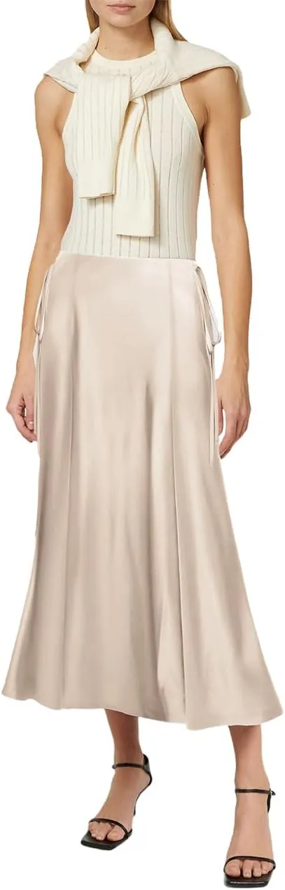 SEBOWEL Women Satin Maxi Long Skirt Silk Side Tie A Line Swing Midi Skirt Silky Flowy Ruffle Pleated Cocktail Party Skirts
