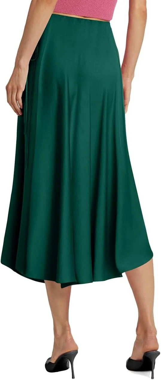 SEBOWEL Women Satin Maxi Long Skirt Silk Side Tie A Line Swing Midi Skirt Silky Flowy Ruffle Pleated Cocktail Party Skirts