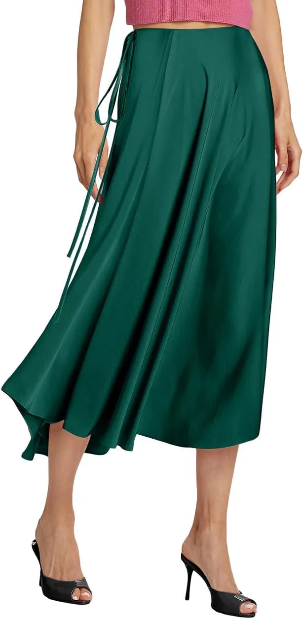 SEBOWEL Women Satin Maxi Long Skirt Silk Side Tie A Line Swing Midi Skirt Silky Flowy Ruffle Pleated Cocktail Party Skirts