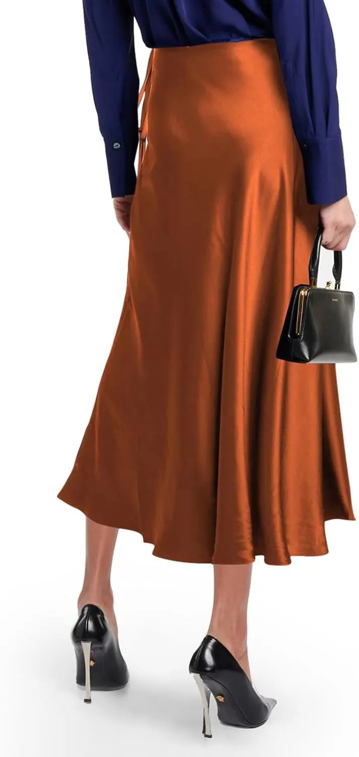 SEBOWEL Women Satin Maxi Long Skirt Silk Side Tie A Line Swing Midi Skirt Silky Flowy Ruffle Pleated Cocktail Party Skirts