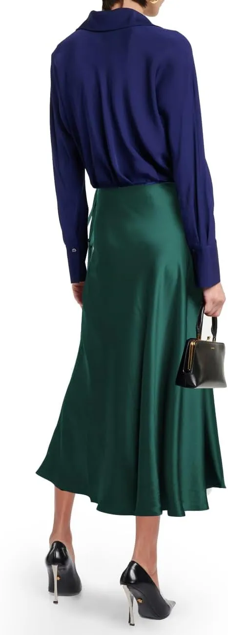 SEBOWEL Women Satin Maxi Long Skirt Silk Side Tie A Line Swing Midi Skirt Silky Flowy Ruffle Pleated Cocktail Party Skirts