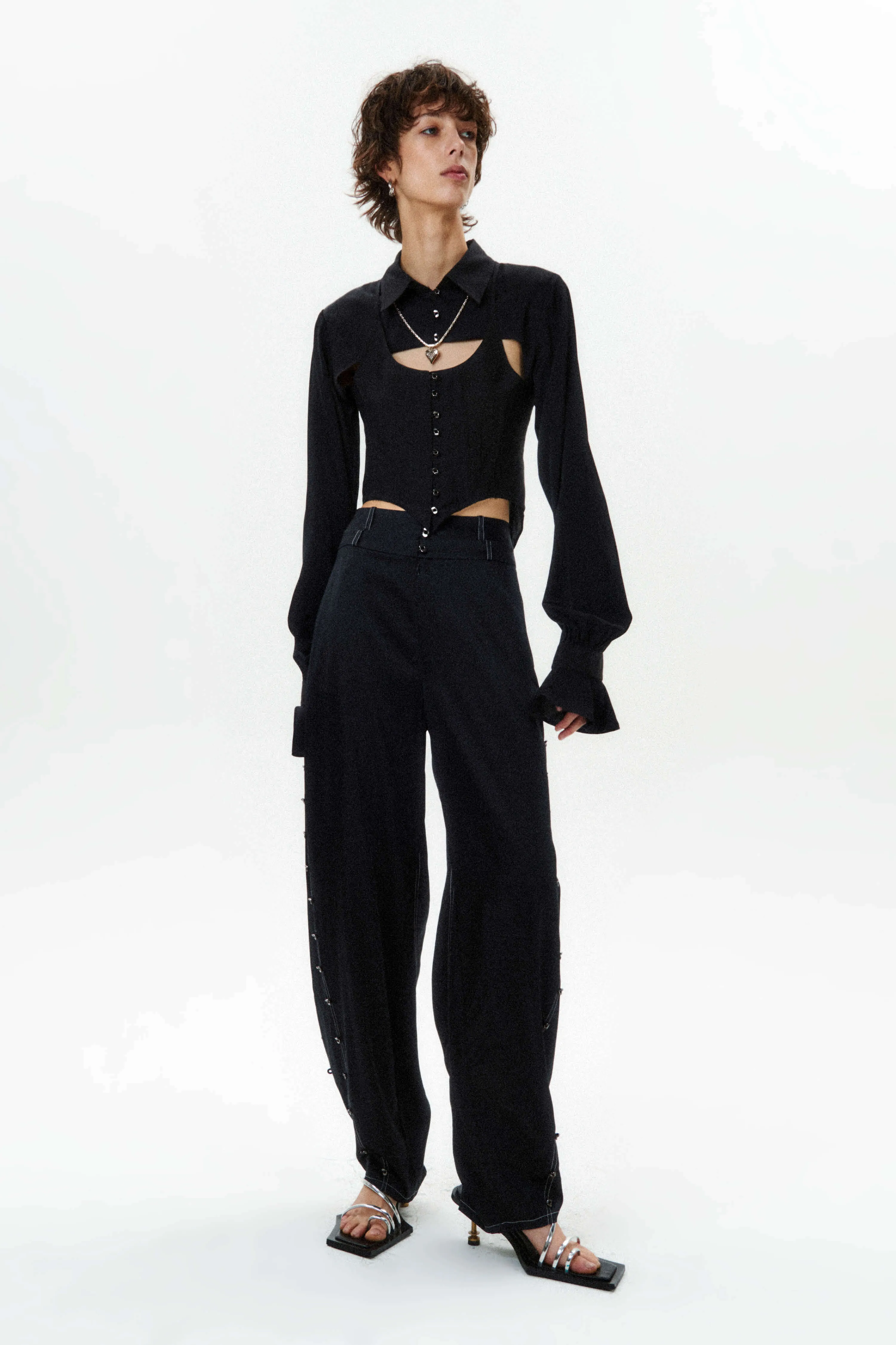 Silk Flowy Corset Blouse - Black