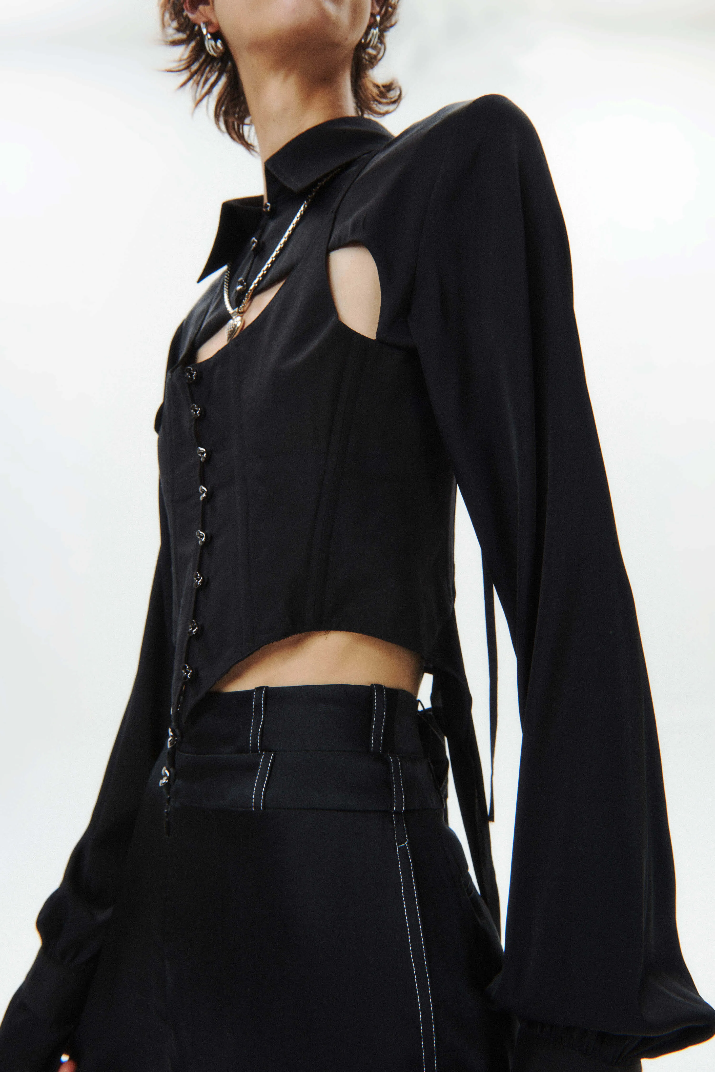Silk Flowy Corset Blouse - Black