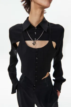 Silk Flowy Corset Blouse - Black