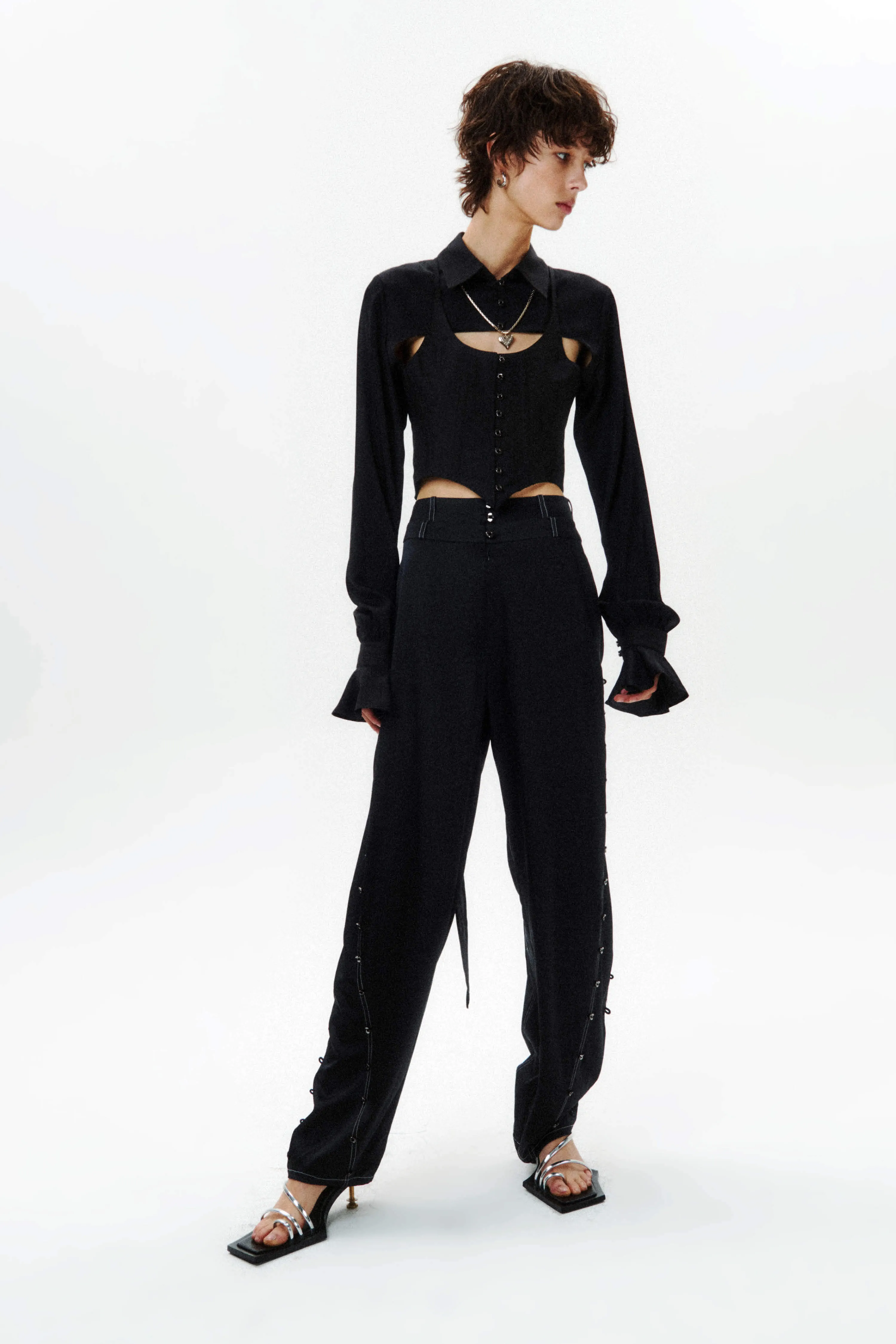 Silk Flowy Corset Blouse - Black