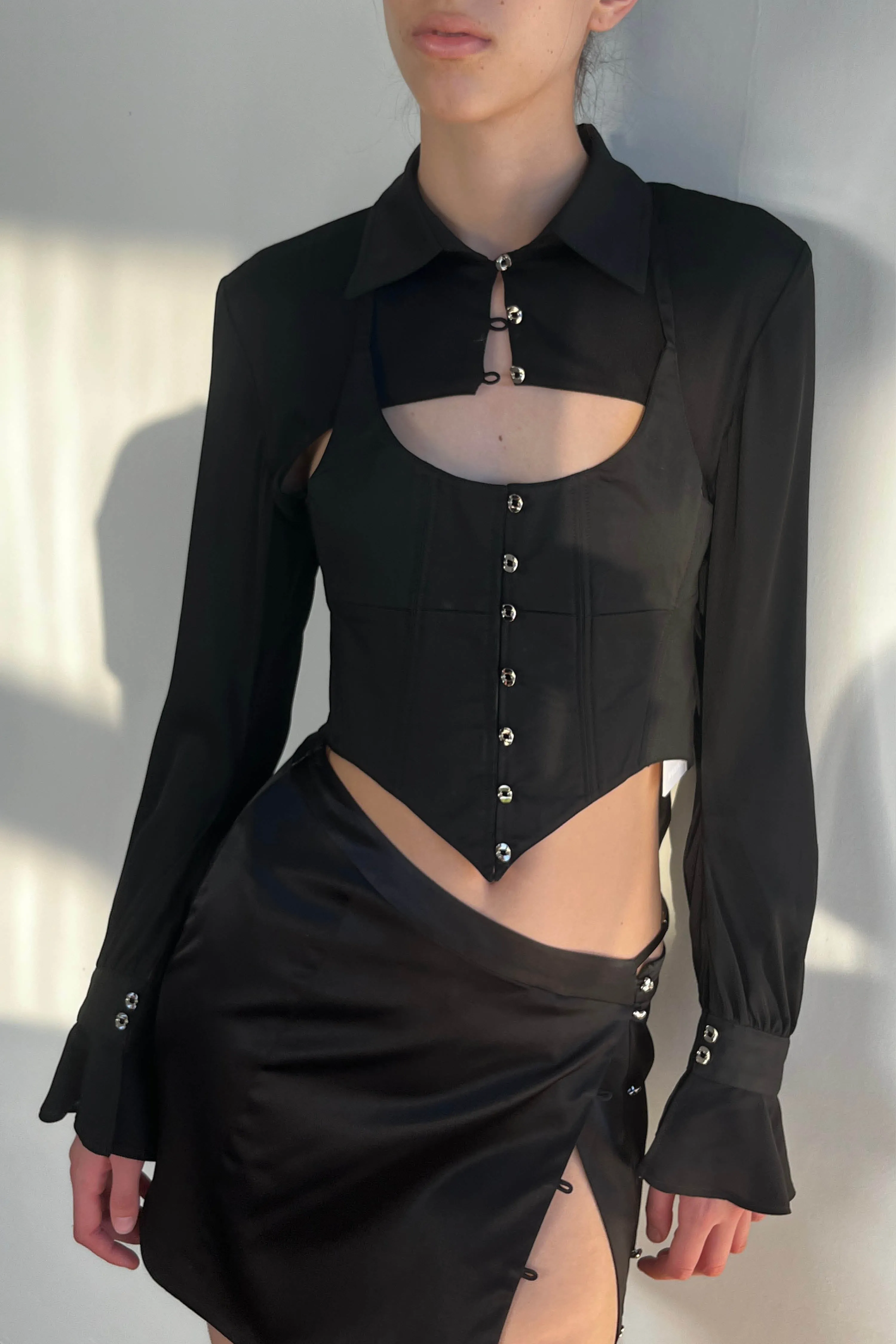 Silk Flowy Corset Blouse - Black