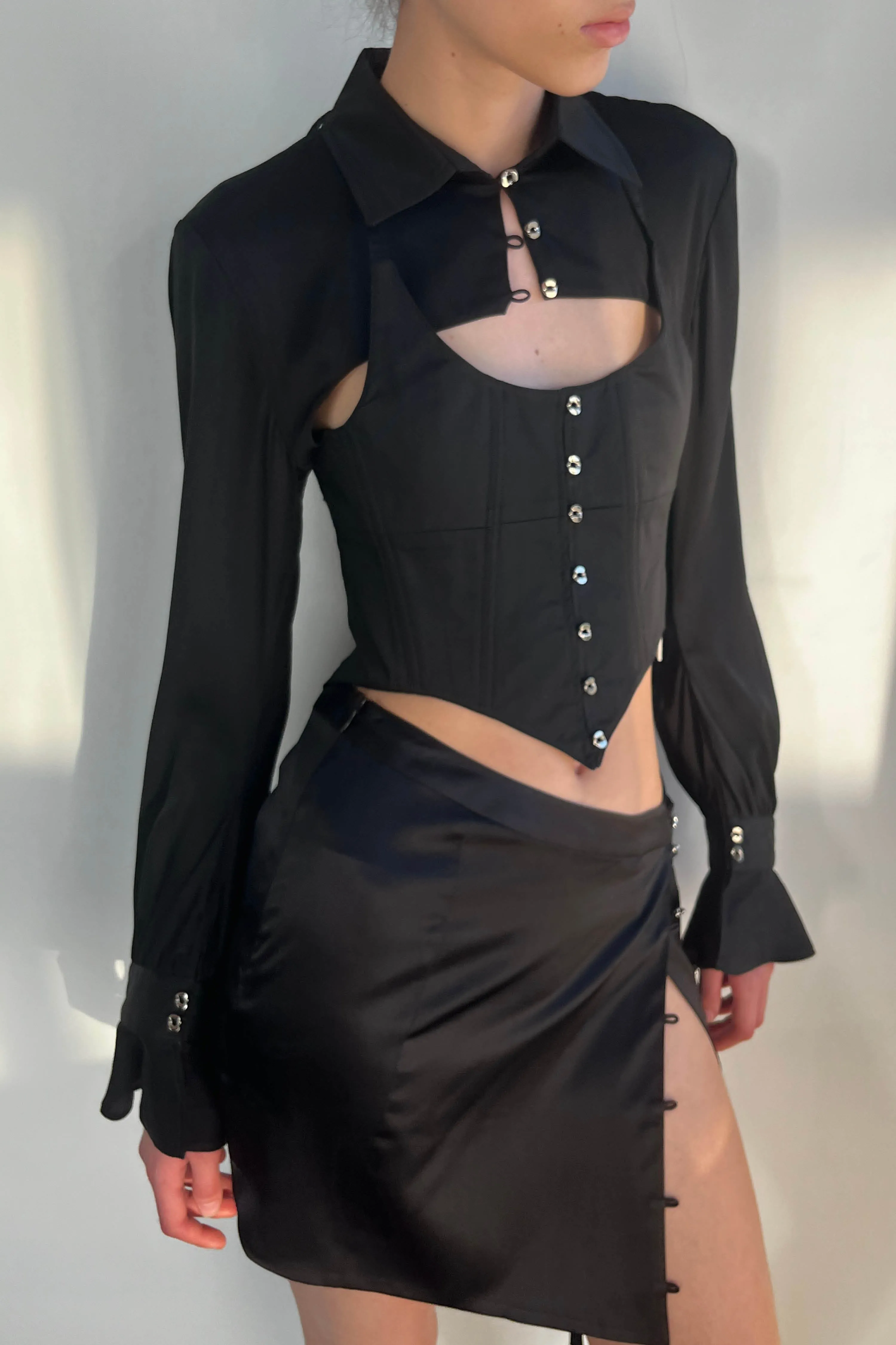 Silk Flowy Corset Blouse - Black