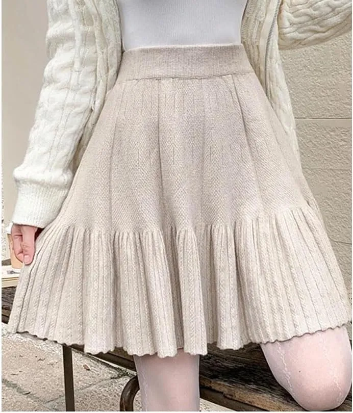 Spring Winter All Matching Knitted Pleated Skirt for Women Elastic High Waist Mini Skirts