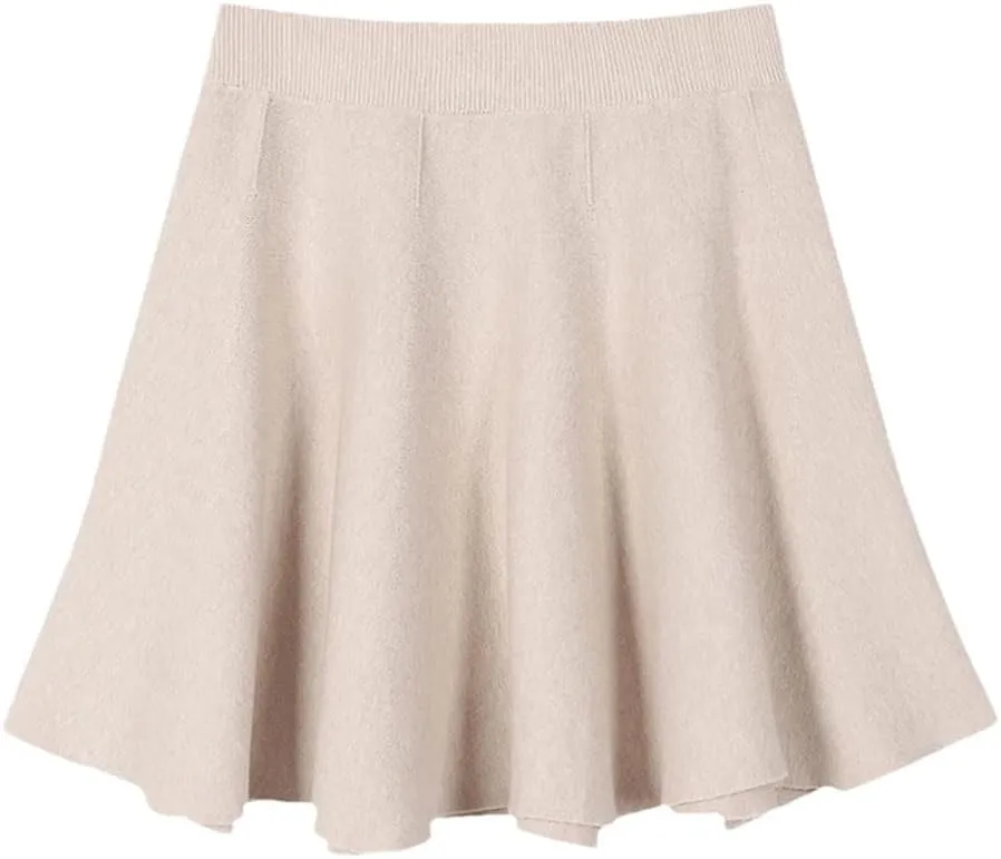 Spring Winter Solid Knitted Mini Skirt for Women Elastic High Waist A Line Pleated Thick Short Skirt