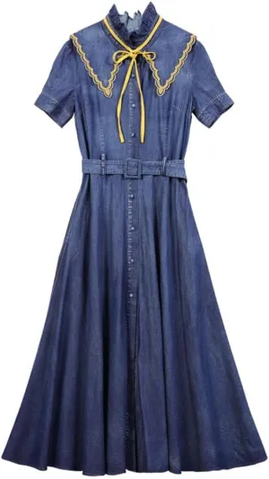 Stand Up Collar Denim Long Skirt High Waisted Slimming Dress