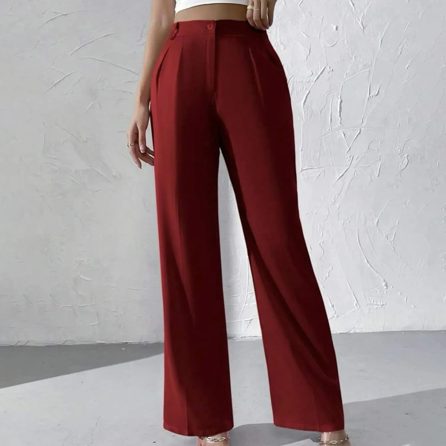 Straight Leg Dress Pants for Women Solid Color Pleated Palazzo Pants Stylish Casual High Waist Button Work Trousers