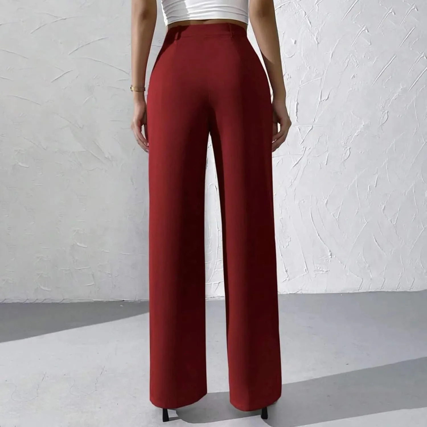 Straight Leg Dress Pants for Women Solid Color Pleated Palazzo Pants Stylish Casual High Waist Button Work Trousers
