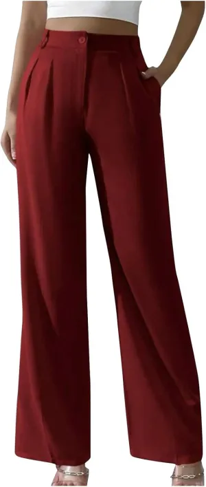 Straight Leg Dress Pants for Women Solid Color Pleated Palazzo Pants Stylish Casual High Waist Button Work Trousers