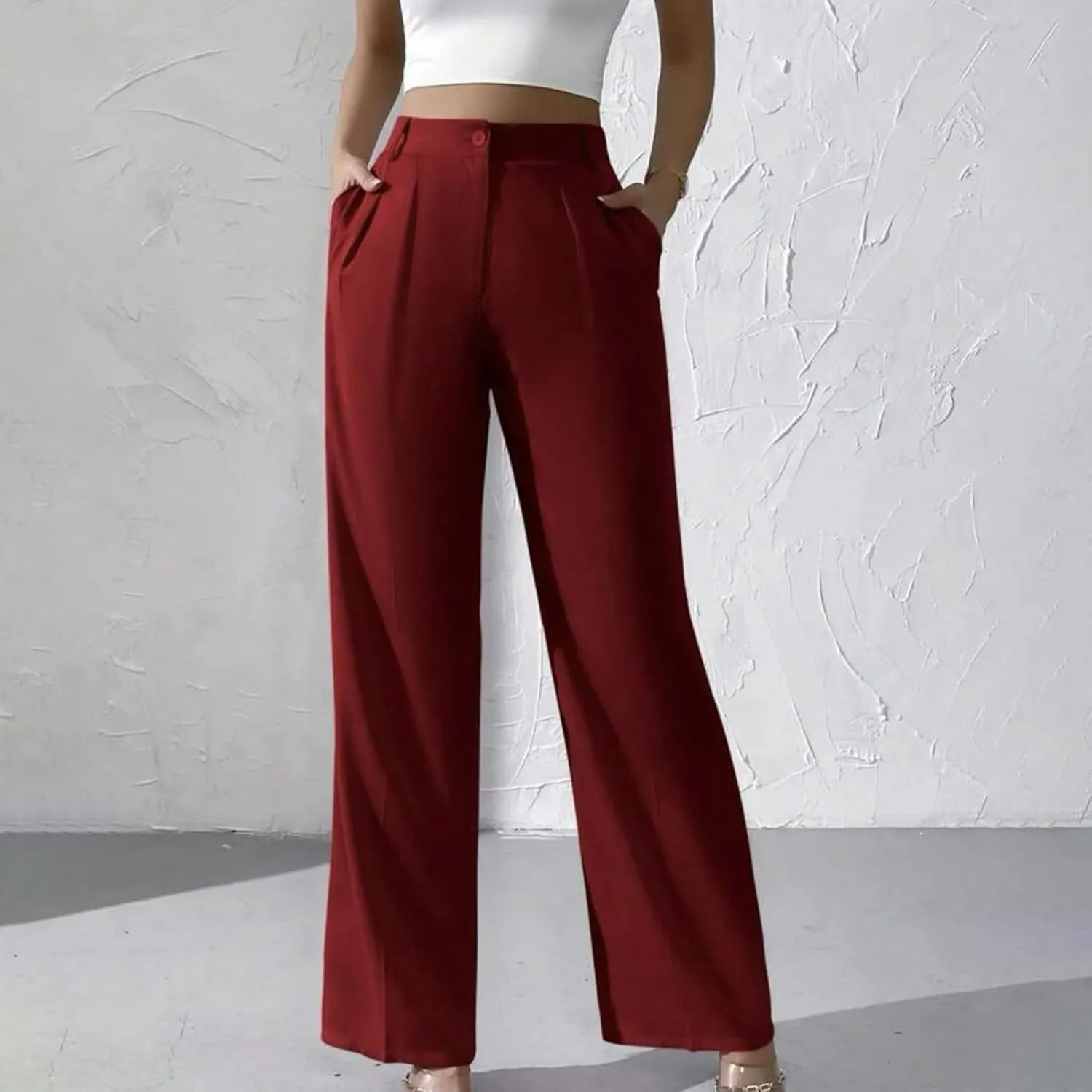Straight Leg Dress Pants for Women Solid Color Pleated Palazzo Pants Stylish Casual High Waist Button Work Trousers