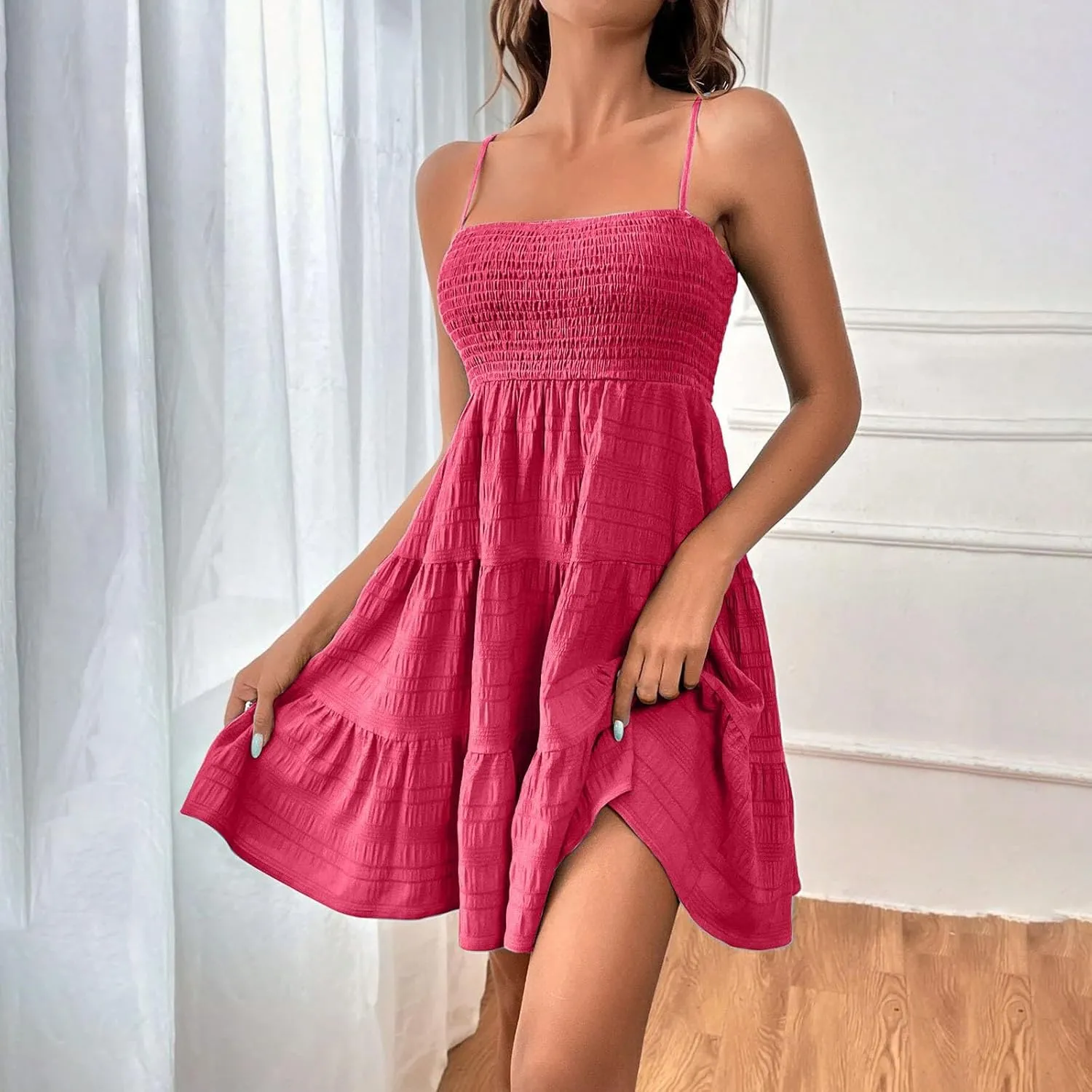 Sundress for Women 2024 Casual Plus Size Beach Vacation Dresses Smocked Flowy Boho Spaghetti Strap A-Line Mini Dress