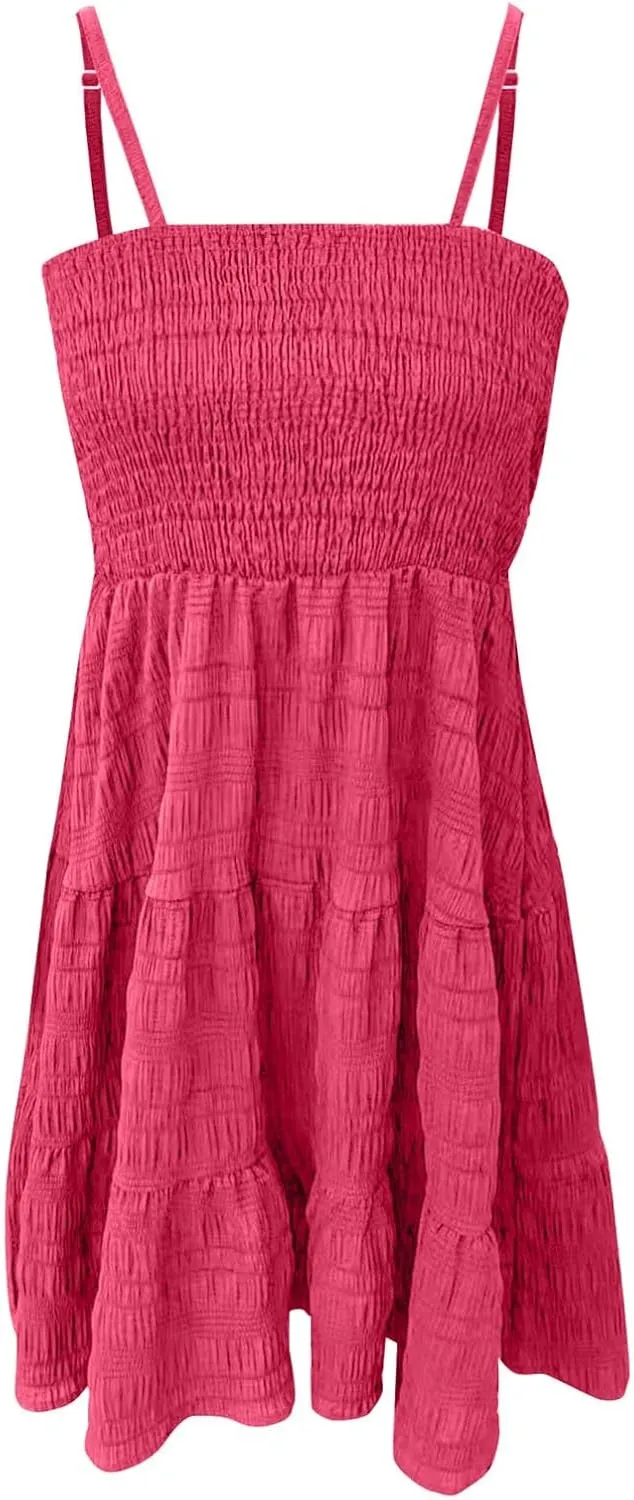 Sundress for Women 2024 Casual Plus Size Beach Vacation Dresses Smocked Flowy Boho Spaghetti Strap A-Line Mini Dress