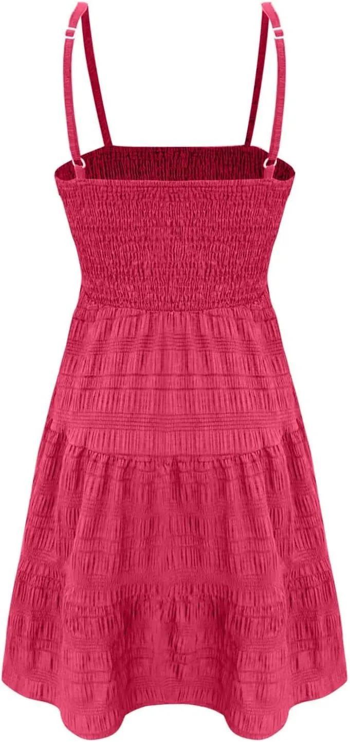 Sundress for Women 2024 Casual Plus Size Beach Vacation Dresses Smocked Flowy Boho Spaghetti Strap A-Line Mini Dress