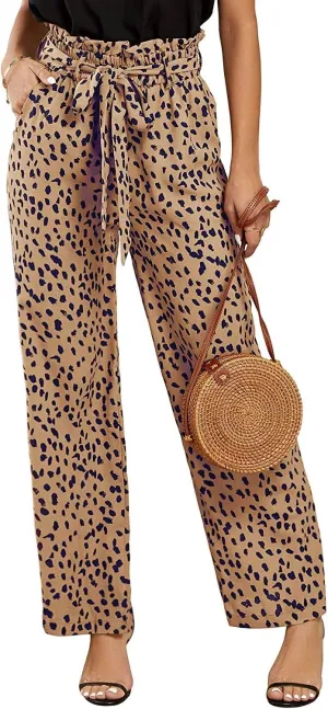 SySea Womens High Waisted Leopard Print Palazzo Pants Belted Wide Leg Long Trousers with Pockets