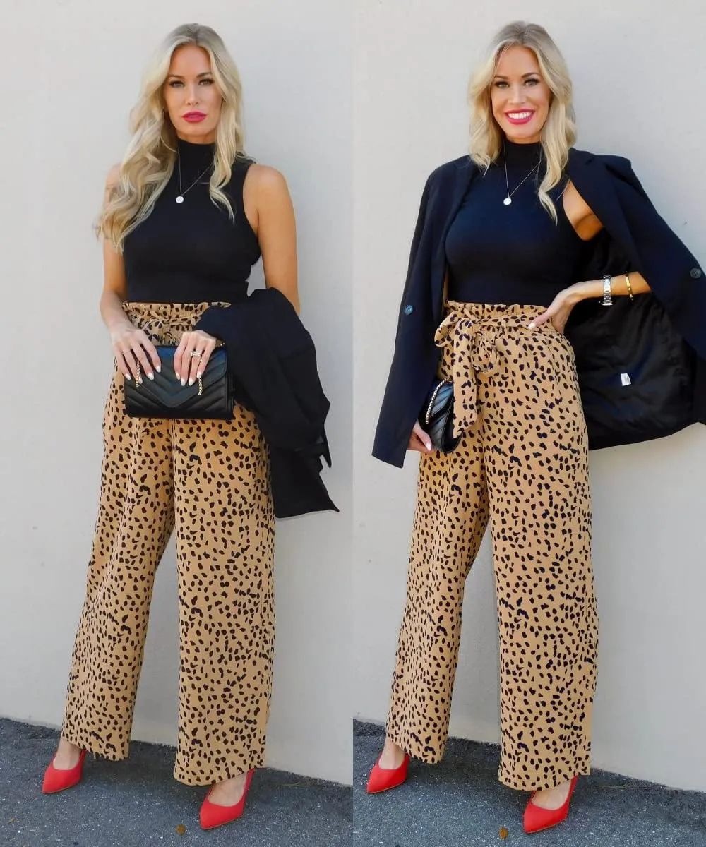 SySea Womens High Waisted Leopard Print Palazzo Pants Belted Wide Leg Long Trousers with Pockets