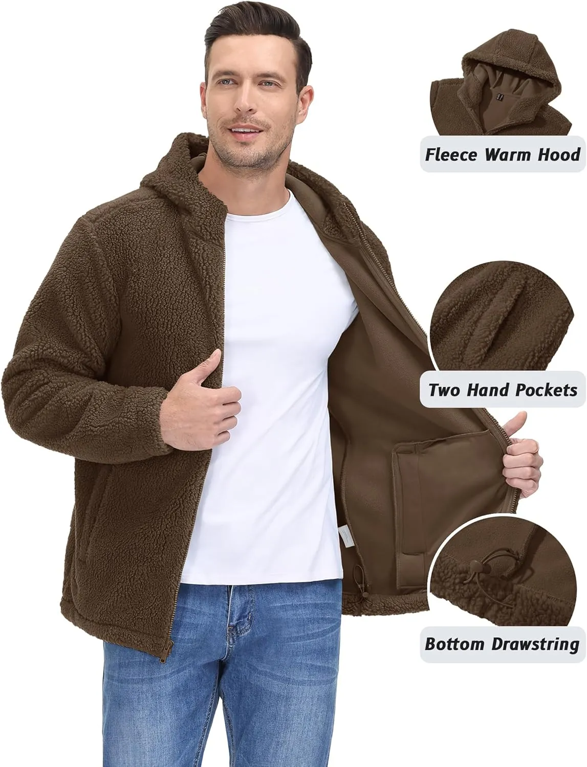 TACVASEN Men's Fuzzy Sherpa Jacket Fleece Lined Zip Up Hoodies Winter Thermal Work Casual Warm Jackets Plain Coats