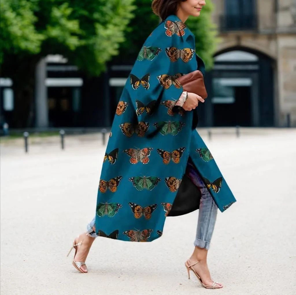 TIAFORD Women's Fall Winter Knee Length Trench Coat Casual Plus Size Floral Print Long Sleeve Turn Down Collar Long Pea Coats