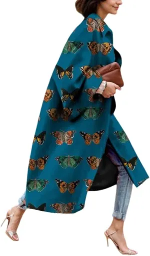 TIAFORD Women's Fall Winter Knee Length Trench Coat Casual Plus Size Floral Print Long Sleeve Turn Down Collar Long Pea Coats