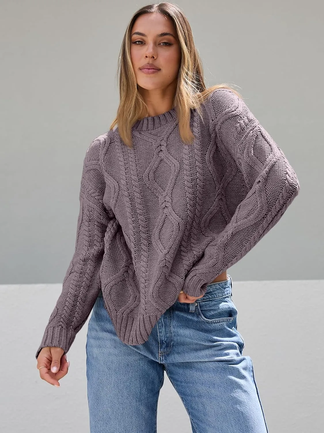 Trendy Queen Women's Oversized Cable Knit Crewneck Sweaters