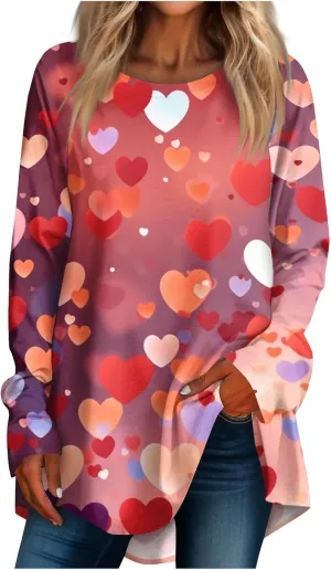Valentines Day Tshirts Women Long Sleeve Crewneck Loose Fit Heart Tops Soft Comfy Holiday Graphic Tees