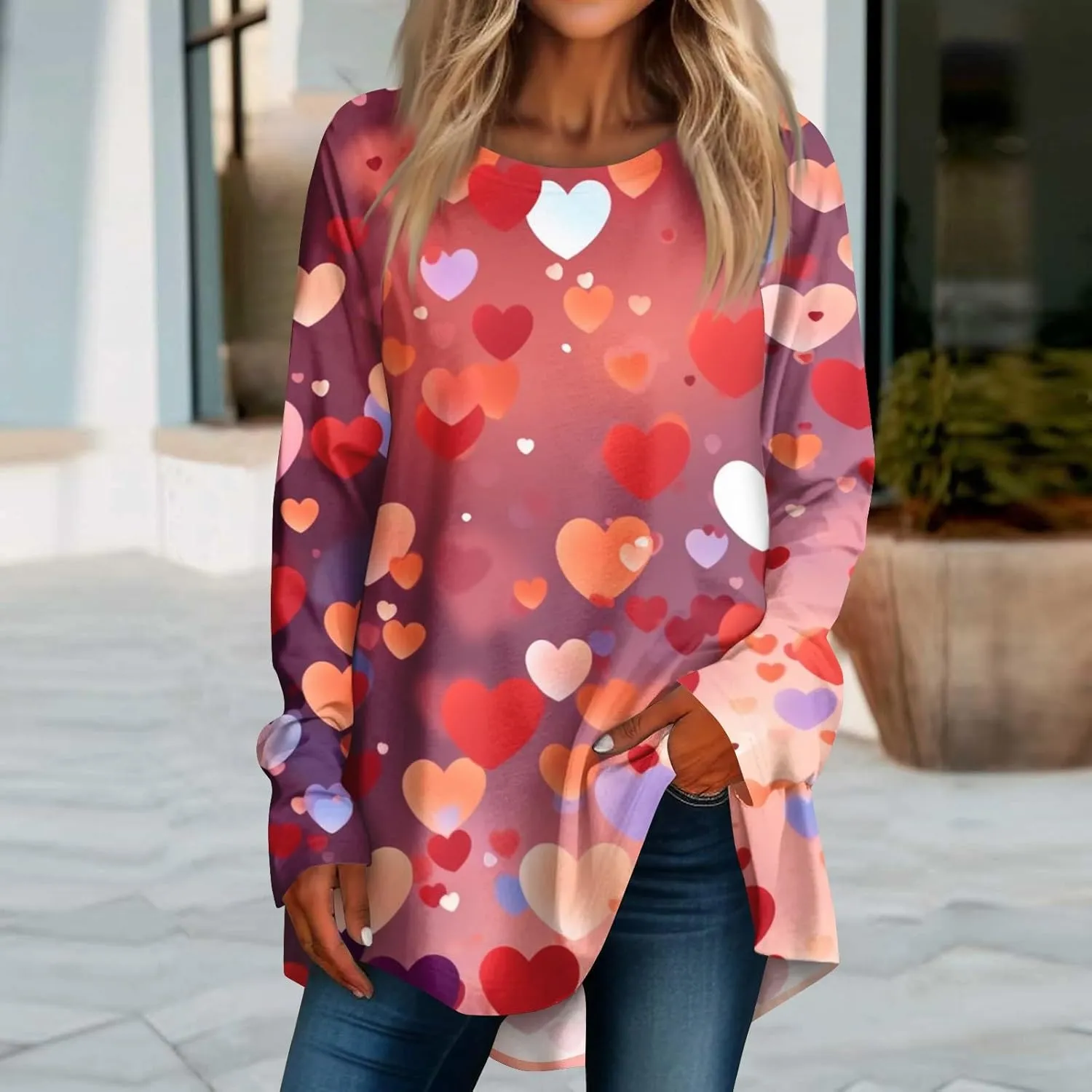 Valentines Day Tshirts Women Long Sleeve Crewneck Loose Fit Heart Tops Soft Comfy Holiday Graphic Tees