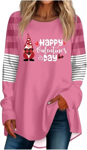 Valentines Day Tshirts Women Long Sleeve Crewneck Loose Fit Heart Tops Soft Comfy Holiday Graphic Tees