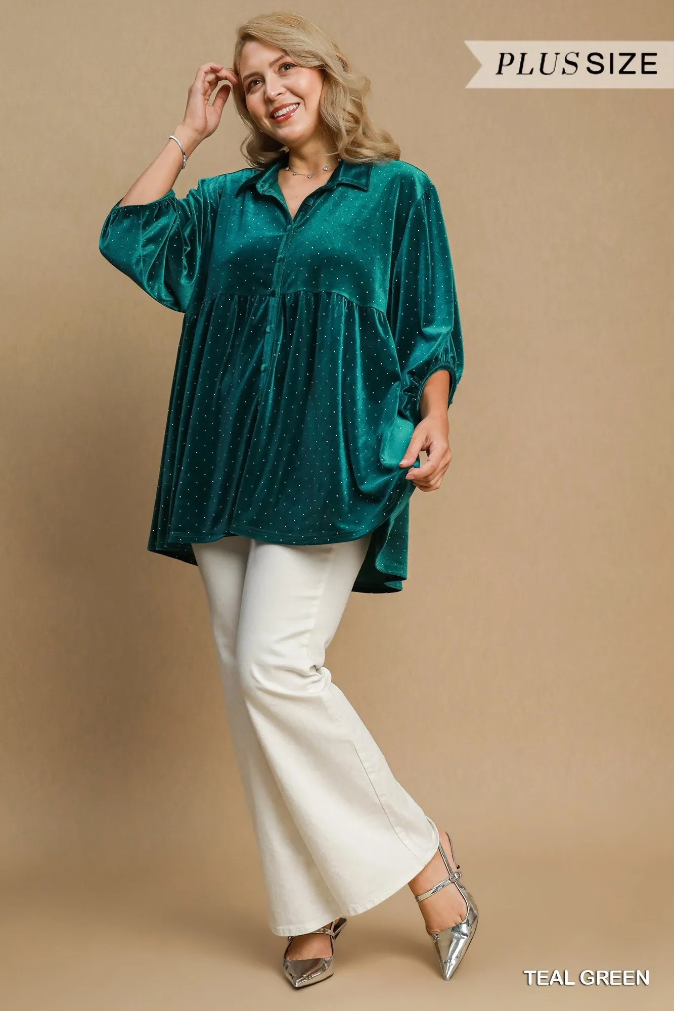 Vance Velvet Collared Tunic Dress - Teal Green