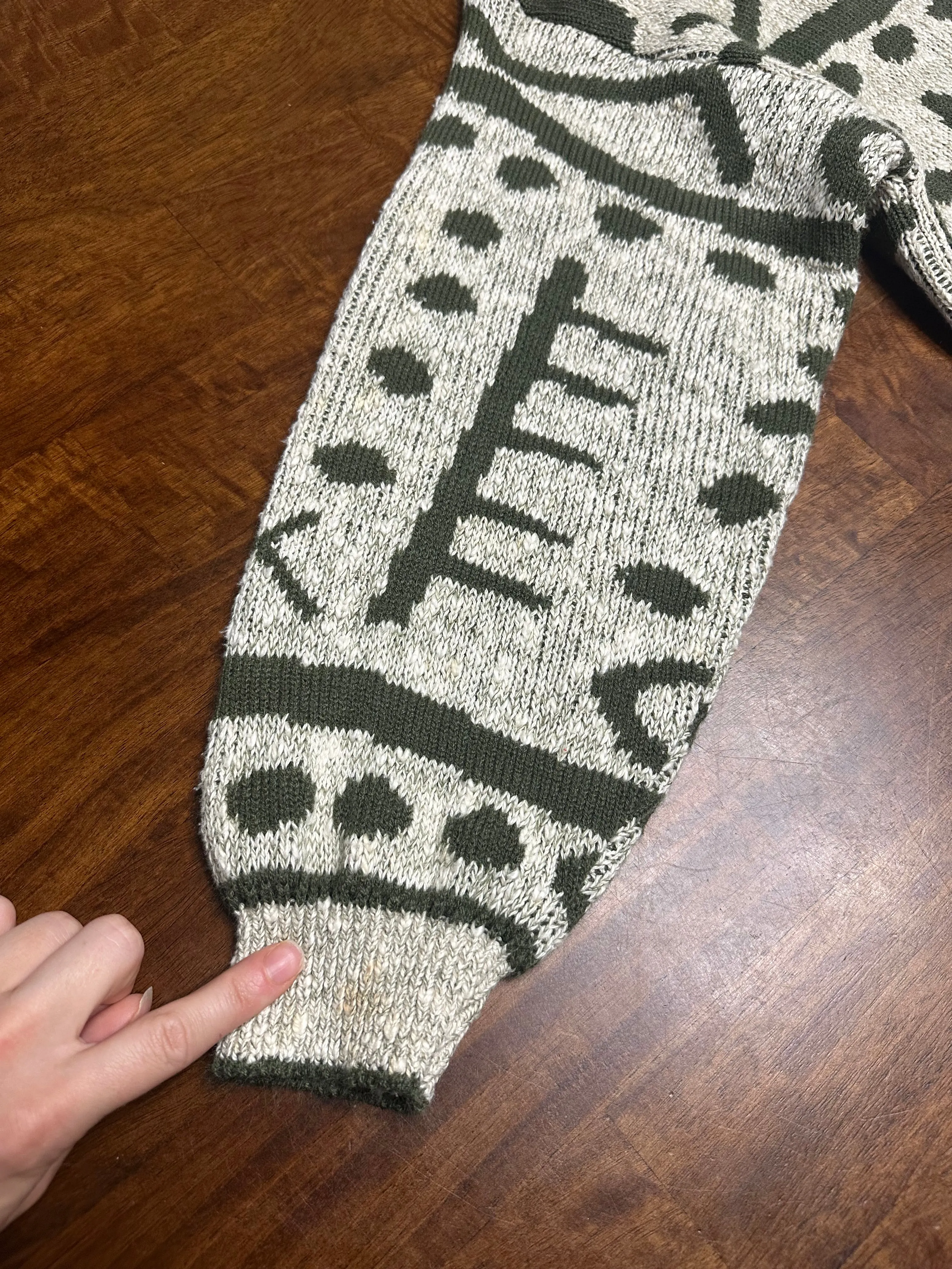Vintage 80s Olive Green Abstract Patterned Cardigan Sweater (~M)
