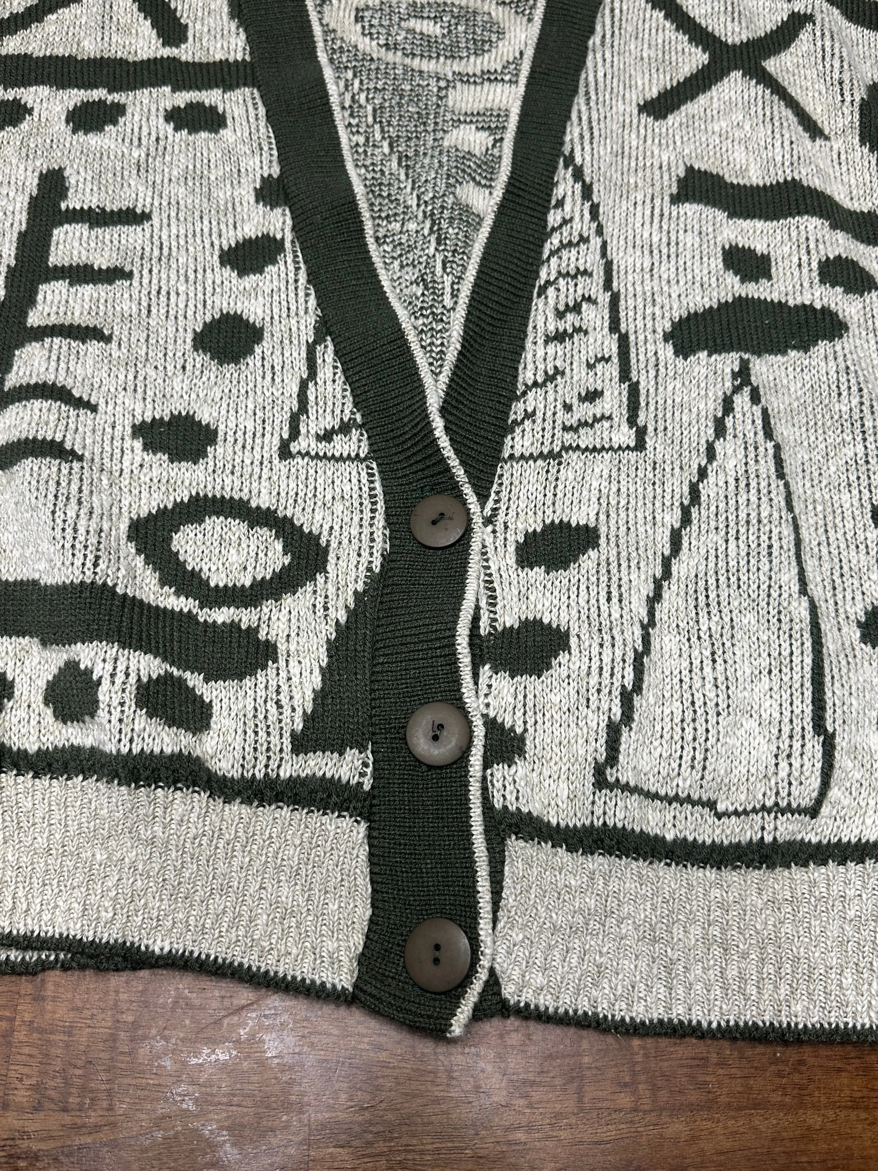 Vintage 80s Olive Green Abstract Patterned Cardigan Sweater (~M)