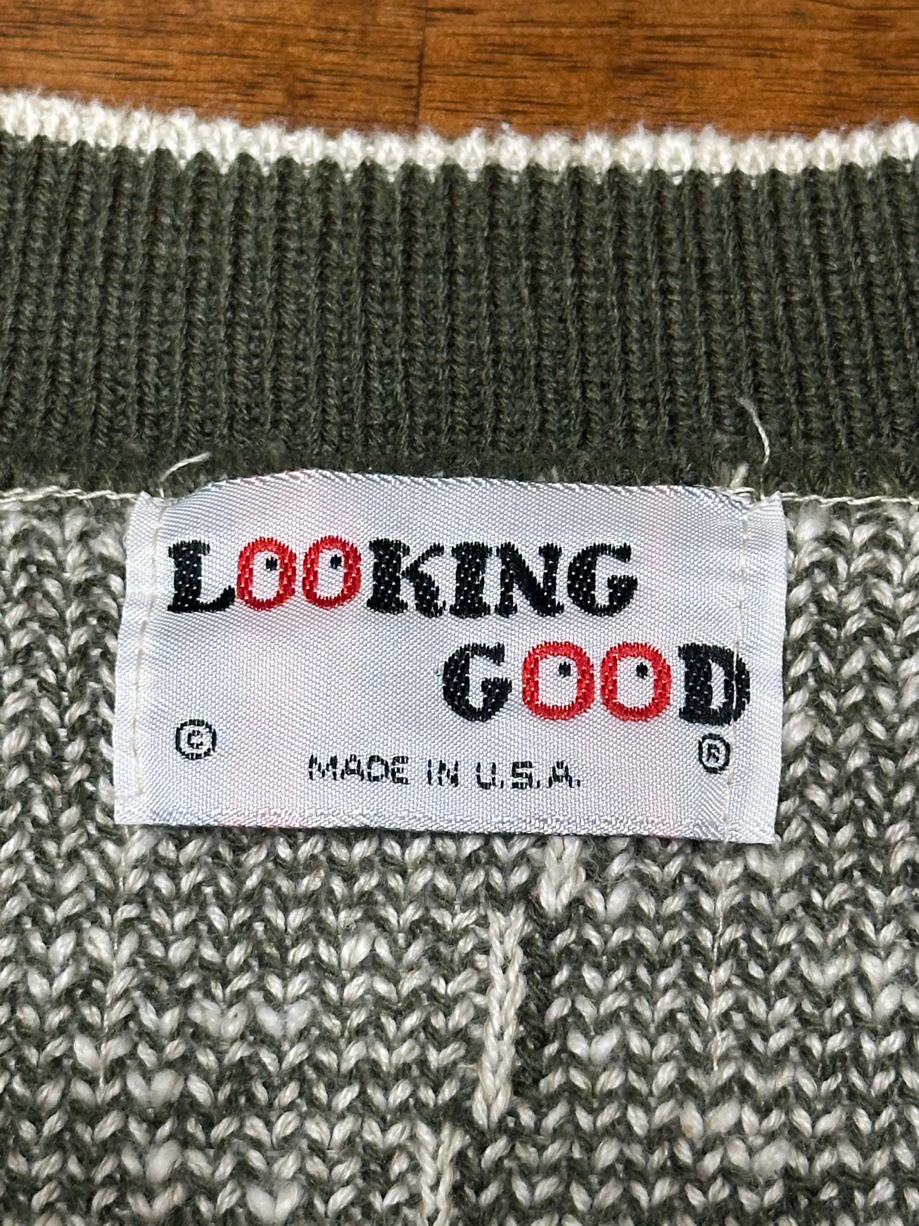 Vintage 80s Olive Green Abstract Patterned Cardigan Sweater (~M)