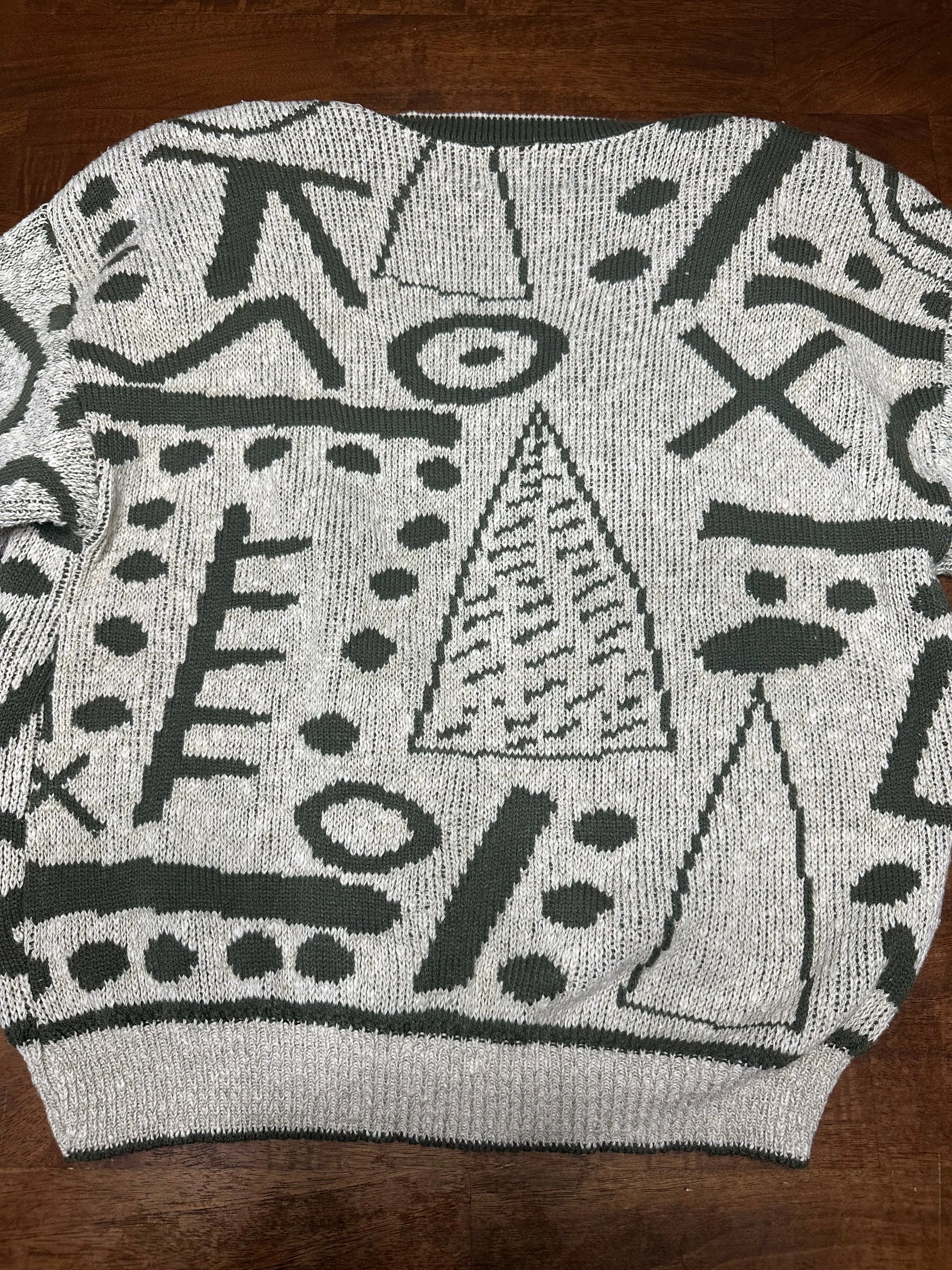 Vintage 80s Olive Green Abstract Patterned Cardigan Sweater (~M)