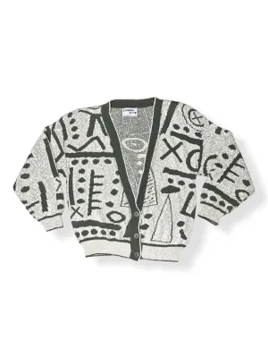 Vintage 80s Olive Green Abstract Patterned Cardigan Sweater (~M)