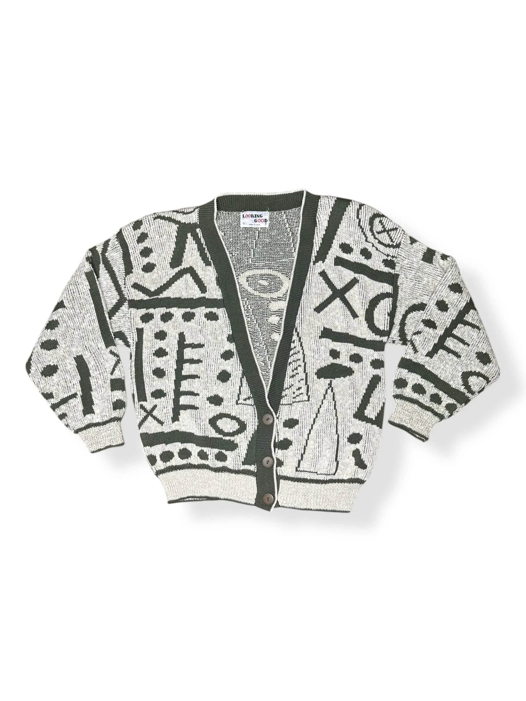 Vintage 80s Olive Green Abstract Patterned Cardigan Sweater (~M)