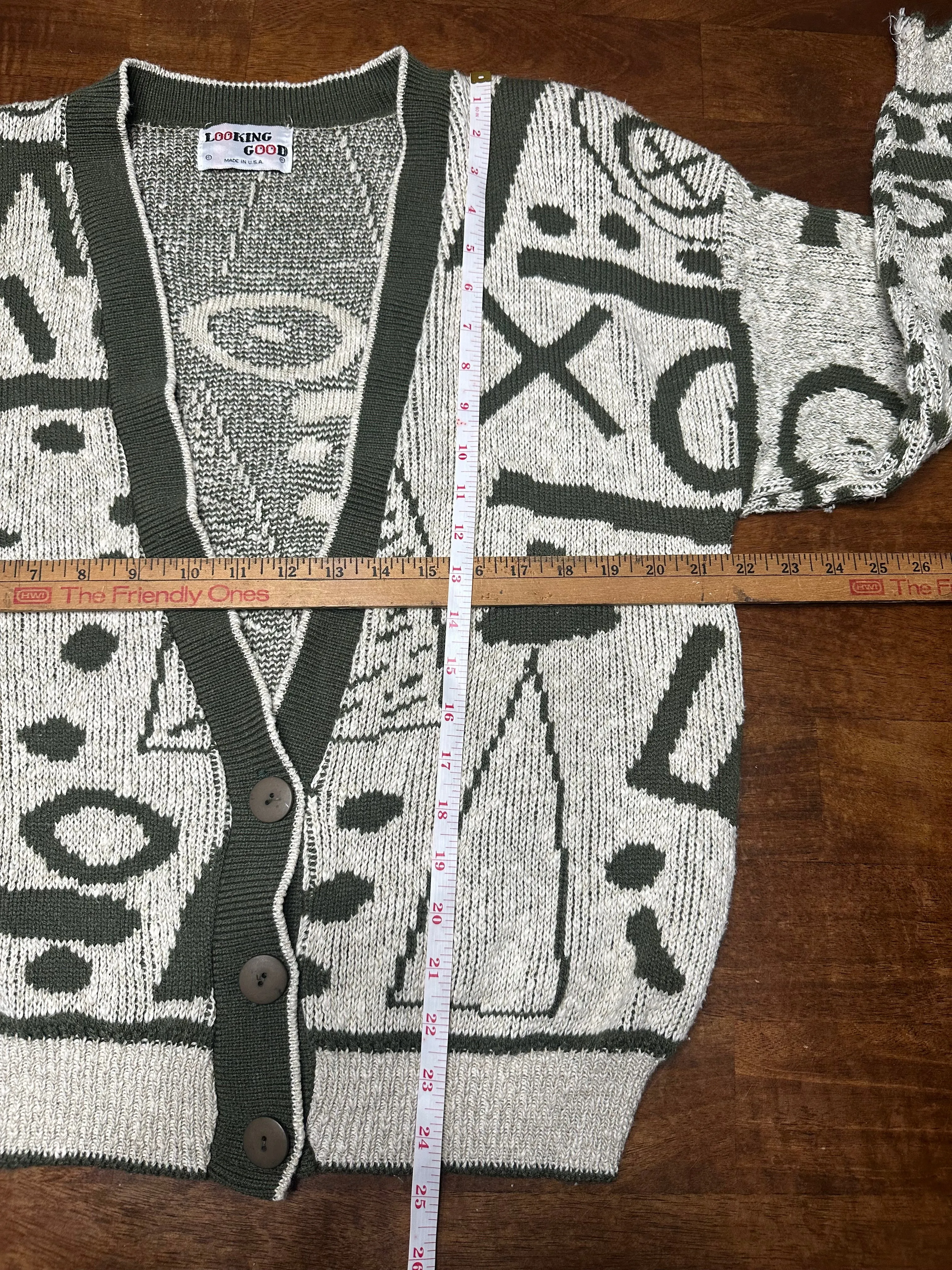 Vintage 80s Olive Green Abstract Patterned Cardigan Sweater (~M)