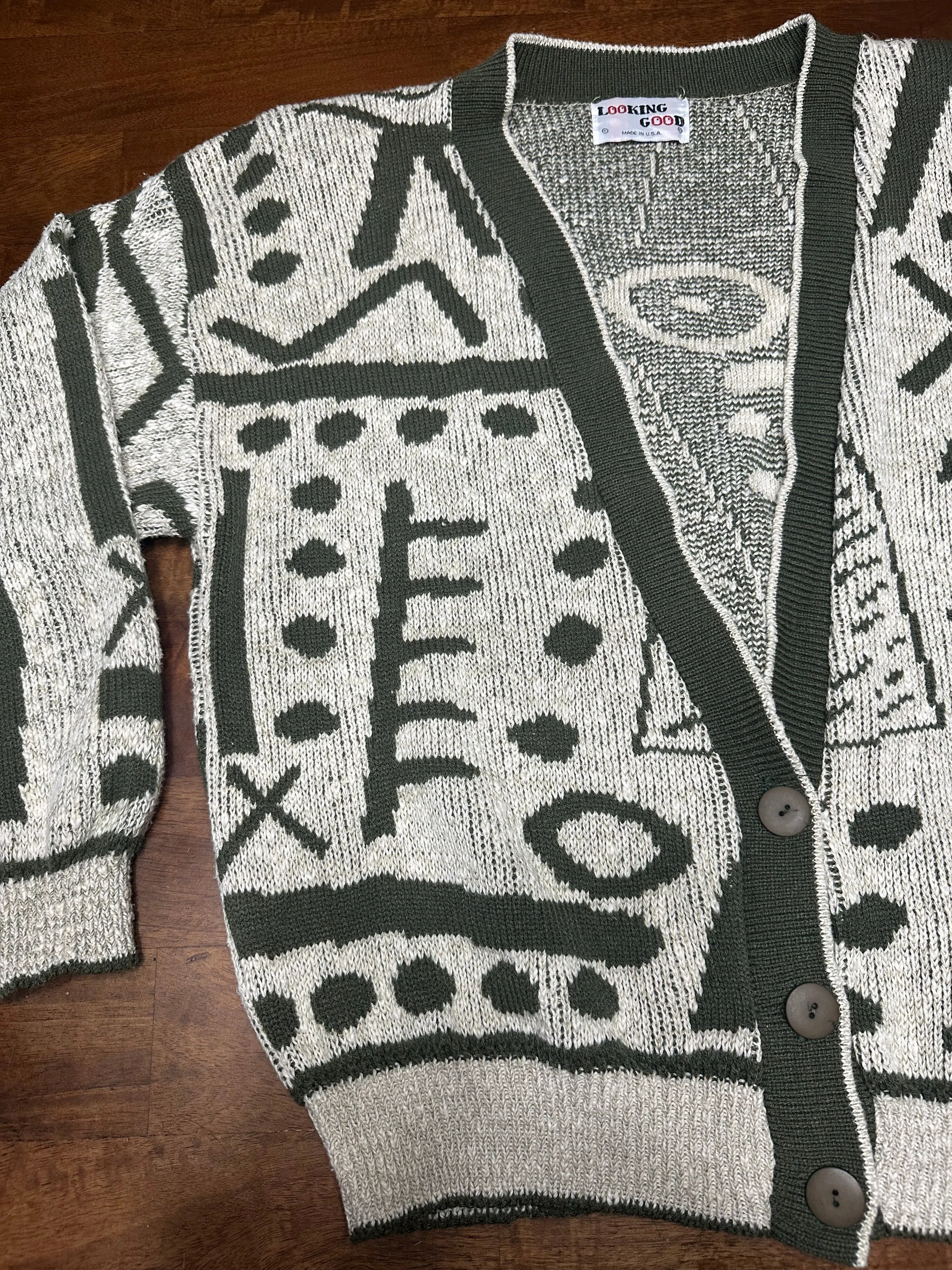 Vintage 80s Olive Green Abstract Patterned Cardigan Sweater (~M)
