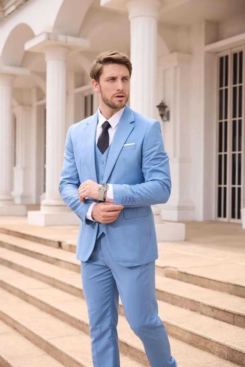 Wangyue Men's Suit Slim Fit 3 Piece Suit Men Wedding One Button Groomsmen Suits Formal Prom Jacket Blazers Vest Pants